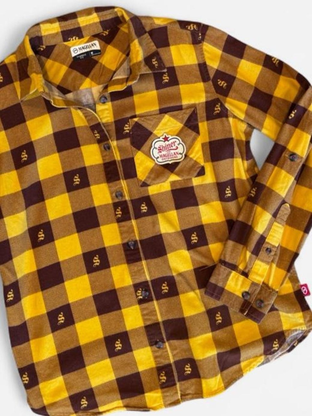 Magellan Outdoors x Shiner Beer Men’s Medium Yellow Plaid Flannel Shirt